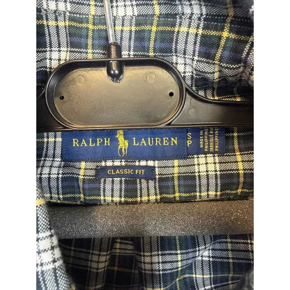 Ralph Lauren Classic Fit Gordon Tartan Plaid Shirt Small S Green Navy Yellow RL